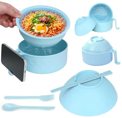 EOAMGO Noodle Bowl with Lid, Ramen Bowl Set, Microwave Noodle Bowl with Chopsticks and Fork, Instant Noodle Pot Soup Bowl with Lid, 1200ml Portable Large Ramen Bowl with Salad Bowl, BPA Free (Blue)