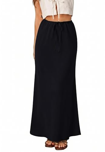 REORIA Maxi Skirt Women's Skirts High Waist A-line Pencil Skirt Elegant Long Midi Skirts with Elastic Waistband Black S