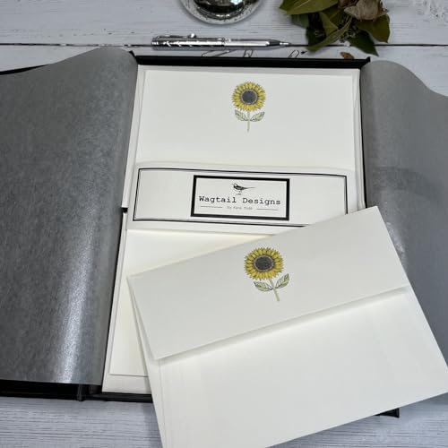 Wagtail Designs Writing Paper Gift Set with a Sunflower Illustration in a Lovely Black Box with Ribbon (18 Sheets and 18 envelopes)
