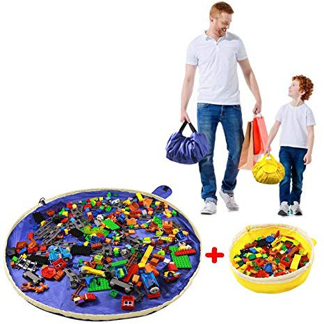 SUMBABO Spielzeug Aufbewahrung Sack für Lego - Spielzeug Aufraeumsack Teppich Decke Sack Spielmatte Sack von Kordelzug mit Kappe wie Reisetasche als Geschenk 2St＝1Blau Groß + 1 Gelber Mini