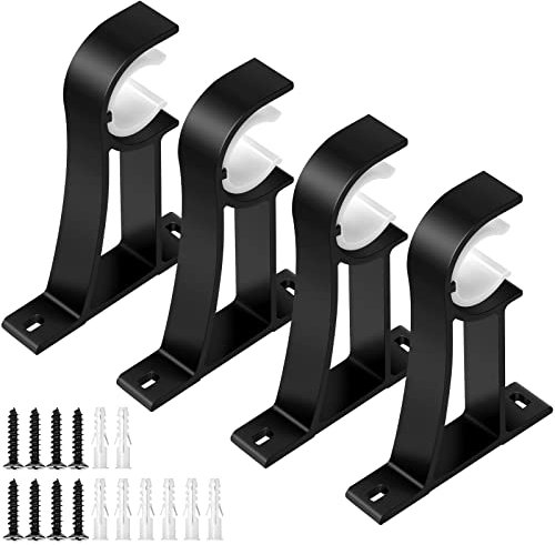 KOLAKO Curtain Rod Bracket, Heavy Duty Curtain Pole Holders Single Decorative Rod Hooks Hanger Fit for 1 to 1.2 Inch Drapes Rod, Black(Set of 4)