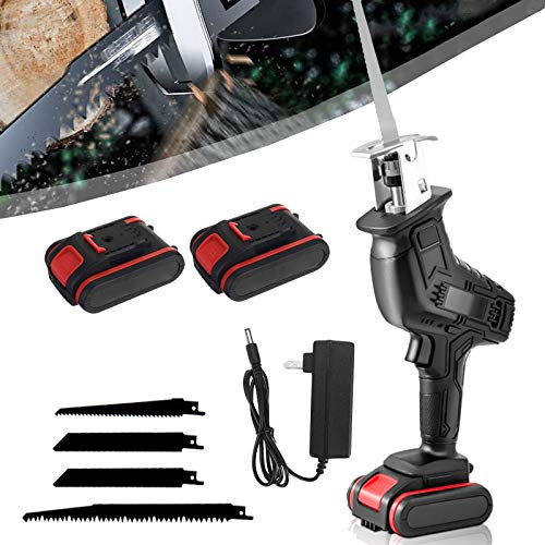 Sega a Gattuccio, 21v Sega a Gattuccio a Batteria con 4 Lame per Sega, 2 Batterie, Velocità Infinitamente Variabile, Interruttore di Sicurezza, Ideale per il Taglio di Legno e Metallo,128VF