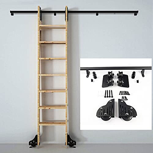 Rolling Ladder Kit-Bibliothek Schiebe-Stalltür-vollständige Set-Hardware,mit Bodenrollenrädern Rundrohr-Mobilleiter-Extention-Spur/Schiene(keine Leiter) für Loft/Home/Indoor/Bookstor
