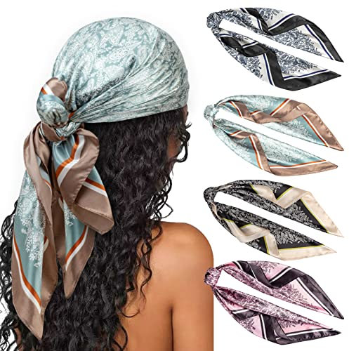 DRESHOW 90x90cm Große Quadratische Schals für Damen 4 Stück Seide Kopftuch Bandanas Haartuch Halstuch Haarschmuck