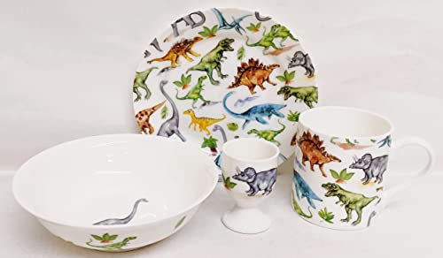 Rainbow Decors Dinosaurs Breakfast Set 4 Pieces Plate Mug Cereal Bowl & Egg Cup Fine Bone China Kids Children Set Dinos Collage Hand Decorated UK, White
