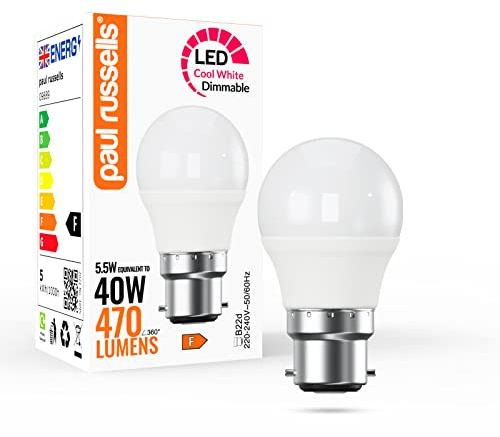 paul russells LED Golf Ball – Dimmable Bayonet Fitting Light, 5.5W 470 LM B22 G45 LED Bulbs, 40w Equivalent, 4000K Cool White/Natural White, Dimmer BC Energy Saving Ceiling Lightbulbs, 1 Pack