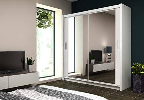 Kleiderschrank Paris mit Spiegel 120 cm, Schwebetürenschrank, Garderobeschrank Schlafzimmer; Wohnzimmerschrank; Korpus Schrank Farbe: Weiss; Farbe der Schrankfront: Weiss; Mehrzweckschrank