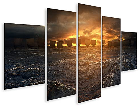 islandburner Bild auf Leinwand Wikinger Schiffe Unter Sturm Horizont Stürmischer Ozean Kinderzimmer Leinwandbild Wandbild Prime Bilder für Wohnzimmer etc.