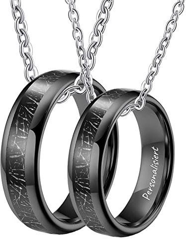 Wolfram Partnerketten mit Wunschgravur Ringe Anhänger, 2er Partner Kette Gravur Kohlefaser, Schwarz für Frauen Männer (Breite 6MM, Länge 60cm/ 50cm, Damen 54 Herren 62)