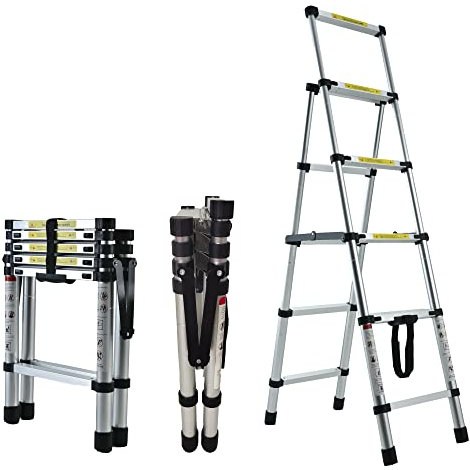 DICN 4+5 Steps Ladder, Telescoping Ladder Folding Step Ladder, Aluminum Portable Collapsible Ladder, 330 LBS Capacity Multi-Use Ladders for Home&Kitchen(1.4+1.7m) Aluminium