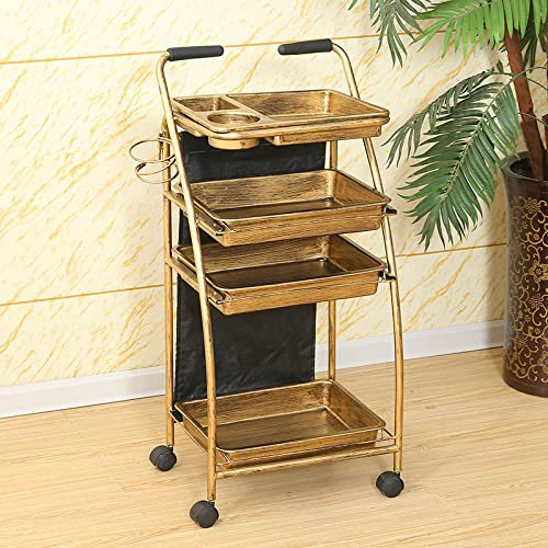Friseurwagen Gold Retro Salon Lagerwagen mit 4-5 Schubladen Schwarz,mit Fönhalter Friseur Rollwagen Haare Spa Ablagefach Arbeitswagen Rollwagen Stapelboy 29X41X88CM