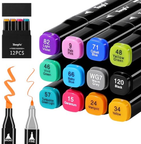 TongFu 12 Farben Marker Set, Twin Marker mit Heller Farbe, Filzstifte mit Schwarz Geschenkbox, Alkohol Stifte für Färbung, Comic, Malerei, Zeichnung, Design, Malerei, Rendering, Brief, Manga
