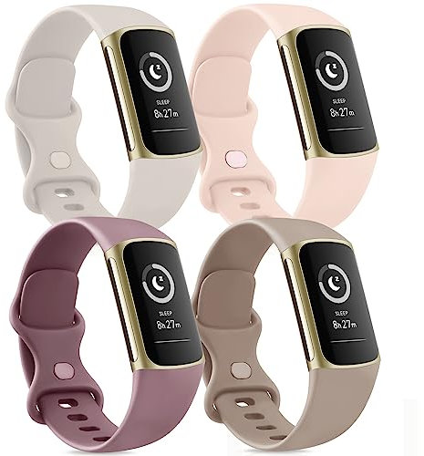 Tobfit Silicone Bands Compatible with Fitbit Charge 5 Bands for Women Men, Soft Classic Sport Replacement Wristbands Straps Waterproof Watch Band Compatible for Fitbit Charge 5 Accessories (4 Pack)