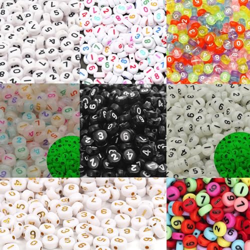 DAHI 800pcs Zahlenperlen Nummerperlen zum Auffädeln Mix 0-9 rund 7mm rund bunt zahlen Perlen für DIY-Schmuck und DIY-Projekte (4 * 7 mix)