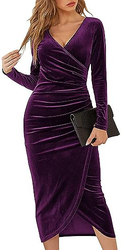 XIVISTO Cerimonia Abito da Donna in Velluto Lungo Elegante Vestito con Scollo a V Maniche Lunghe Vintage Bodycon Feste Vestito da Cocktail Natale Autunno Inverno