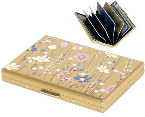 BONSYL® Kreditkartenetui aus Metall, RFID Blockierendes Edelstahl Kartenetui, Ultradünne Metall Geldbörse mit 6 Kartenfächern für Damen Herren. (6 Karten/Gold/Blume)