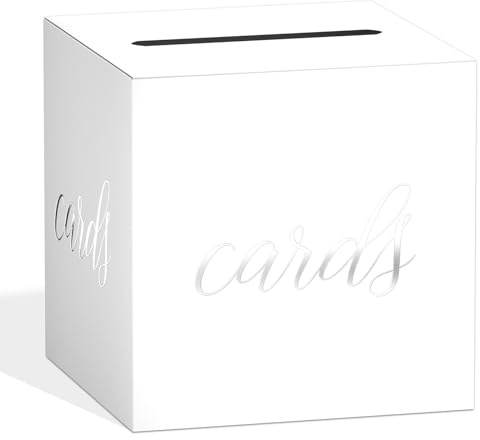 QINGRUIGO Moderne weiß-silberne Karten-Box mit Goldfolien-Design, geeignet für Hochzeiten, Babypartys, Geburtstage, Partys, Geschenkkarten, Empfangsbox, 22,1 cm