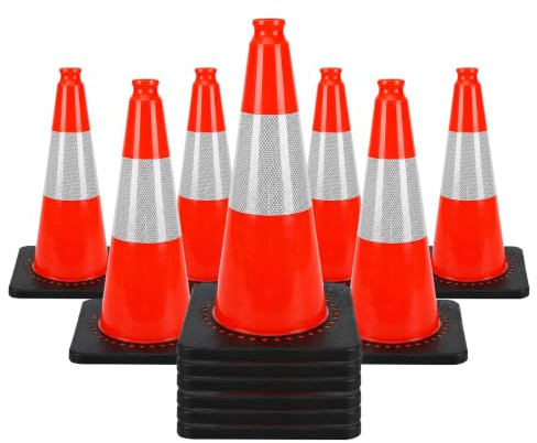 50CM Traffic Cone - Orange | PVC Road Safety Cone with Weighted Base | High Visibility Reflective Street Cone | Portable Wind-Resistant Traffic Cone with Black Base - 12 Cones