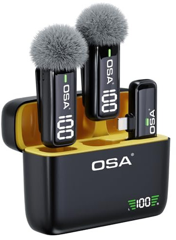 OSA Microfono lavalier wireless per trasmissioni live e registrazione video, microfono lavalier per iPhone iPad, microfono con custodia di ricarica e trasmettitore display digitale