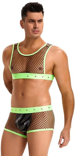 ohyeahlady Conjunto de Lencería de Malla Rejilla Hombre Talla Grande Calzoncillos Boxer de Cuero Sintético Transpirable Elástica con Camiseta Top Ropa Interior Masculino Underwear(Verde,L)