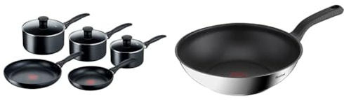 Tefal Induction Non-Stick Cookware Set, 5 Pcs - Black (G155S544) & 28cm Comfort Max Stainless Steel Non-Stick Wok, Silver