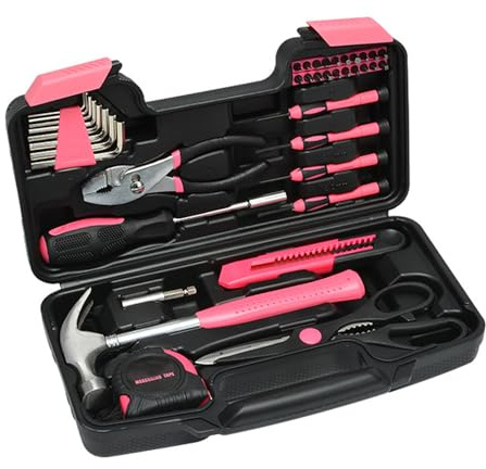39Pcs Essential Household Tools Kit with Plastic Toolbox Hand Tool Set Portable and Lightweight Basic Home Tool Set Emergency Tool Kit with General Tools