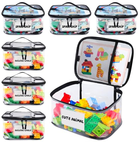 Tesuko 6 Pack Clear Toy Storage Bag with Name Tag& Manual Pocket, Waterproof Transparent PVC Toy Organizer Case for Lego Bricks, Board Games, Building Blocks, Puzzles (Large Capacity, Black)