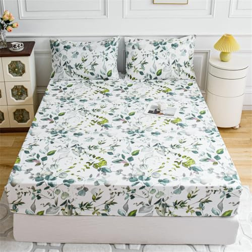 Spannbettlaken 200x200cm, Modernes Spannbettlaken mit Blumenmuster, Spannbetttuch aus Mikrofaser, Geeignet für Einzel- oder Doppelbetten, Matratzen bis 25cm, （Frisch）