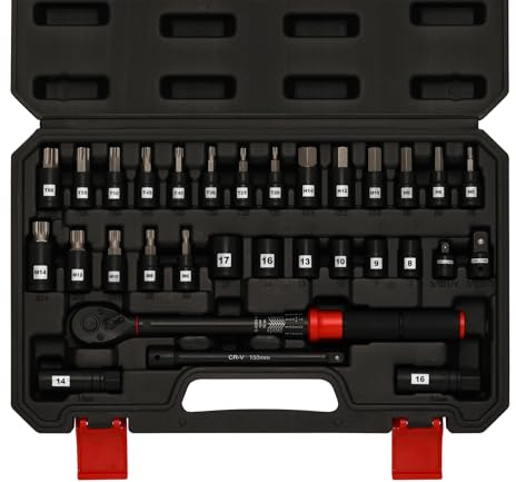 Mayouko Lot de 31 clés dynamométriques à clic de 3/8, 5-60 Nm, double direction réglable, clé dynamométrique à 72 dents avec extensions, douilles, adaptateur pour vélo, CR-V