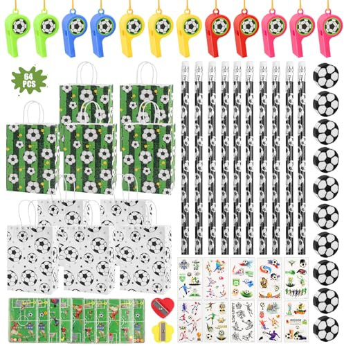 YnewL 64 Stück Fußball geburtstag Fußball Set Fussball Geburtstag FußBaller Party Mitgebsel mit Bleistifte Geschenke Radiergummis Aufkleber, für Jungen Mädchen Studiengeschenk