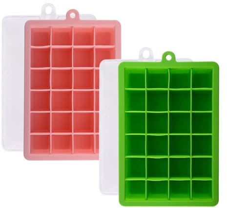 Lyqaq Silicone Ice Cube Trays,2 PCS Flexible Ice Tray Ice Cube Tray with Lid,24 Cubes Per Tray,Ice Cube Moulds Set for Whiskey (Pink+Green),Leak-Proof Lid, BPA-Free