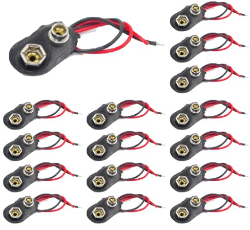 Lot de 15 pinces de batterie 9 V - Câble de 15 cm - Borne de batterie - Câble de raccordement | Câble de connexion pour piles bloc 9 V, idéal pour les projets et les appareils électroniques