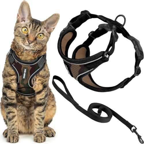 Best Pet Supplies Voyager-Set, ausbruchsicheres Katzengeschirr mit 1,5 m Langer Leine, reflektierende Nähte, Neoprengriff, für kleine, mittelgroße und große Katzen, Armee-Muster, Größe M (Brustumfang