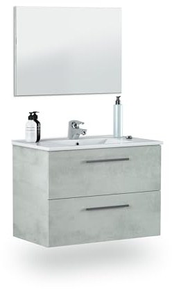 duehome | Mueble de Baño con Dos Cajones y Espejo, Modulo Lavabo, Modelo Osvak, Acabado en Gris Cemento, Medidas 80 cm (Ancho) x 57 cm (Alto) x 45 cm (Fondo)