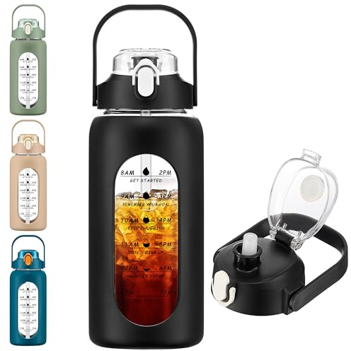 LIMILI 1 Pack 2000ml Glass Water Bottle with Handle and Straw, Leakproof Motivational Water Bottle with Silicone Sleeve and Time Marking for Gym Sports Outdoor