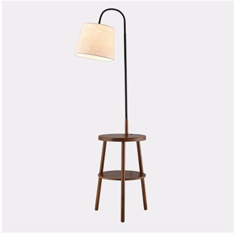 Lampadaire Lampadaire à arc moderne avec table, base en bois avec lampadaire à plateau, lampe sur pied à étagère haute incurvée for bureaux, cafés, salons, chambres à coucher Lampe sur pied(Bruin)