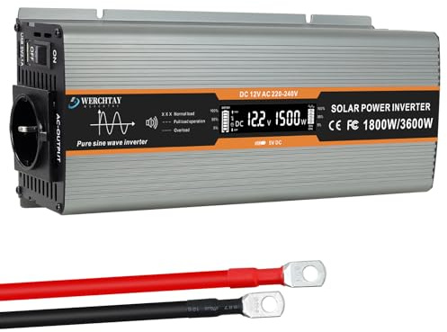 Wechselrichter DC 12V auf AC 230V - 1800W/3600W KFZ Reine Sinuswelle Spannungswandler Umwandler-Inverter Konverter mit, USB Anschluss, EU-Steckdose, LCD Digital Anzeig Konverter für Wohnwagen