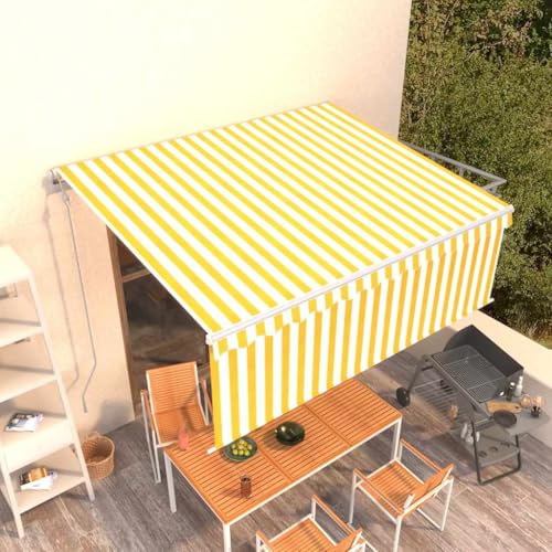 Qnhdfrt Automatische Einziehbare Gelenkarmmarkise mit Volant 4x3 m Gelb Weiß UV-beständig Wasserdicht Fernbedienung für Terrasse Balkon Garten