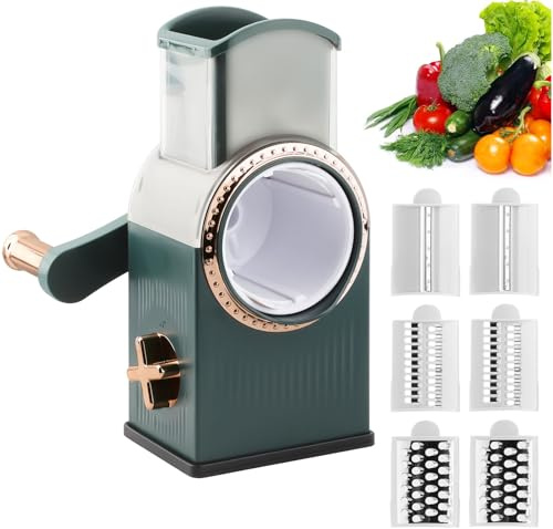 OITUGG Rotary Cheese Grater with 6 Pcs Thicker Sharp Blade and Strong Suction Base, include 2 pcs Shredding Blade, 2 pcs Grating Blade, 2 pcs Slicing Blade, Manual Drum Grater for Cheese and Vegetable