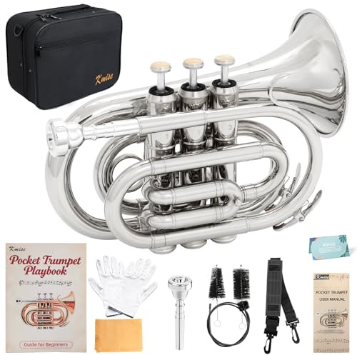 Kmise Bb Portable Pocket Trumpet, Premium Brass Mini Trumpets for Students Beginners, Trumpet Instrument Set with Sturdy Case, 7C Mouthpiece, Beginner's Guide Kit, and Cleaning Kit (Nickel Plated)