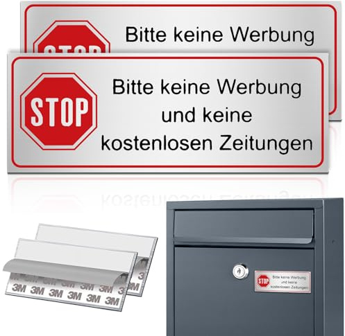 2 Stück Aluminium Keine Werbung Aufkleber Schild 65x25mm Briefkastenschild Selbstklebend - Stop Bitte keine Werbung und kostenlose Zeitungen, Bitte Keine W-erbung Schild für Briefkasten & Haustür