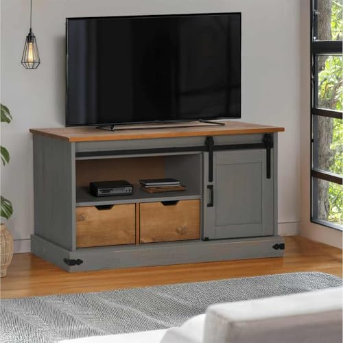 Frdhee TV Chest of Drawers Living Room Table, TV Cabinet with Sliding Door, Grey, 110 x 40 x 60 cm, Solid Wood for Living Room, Entertainment Room