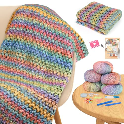 Aeelike Häkelset für Anfänger, Häckel Kit Erwachsene | Decke Häkeln Set mit 5 Knäuel Weich Gradientengarn, Häkelbuch, 4,0mm Häkelnadeln, Häkelzubehör, Tutorial Videos