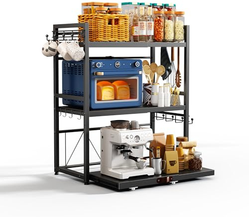 NETEL Verstellbares Mikrowellen Regal 3-stufig, Regal über mikrowelle, küchenregal stehend für arbeitsplatte, küchenregal mit 2 Getränkehalter und schublade,schwarz, Ausziehbar 40-60cm