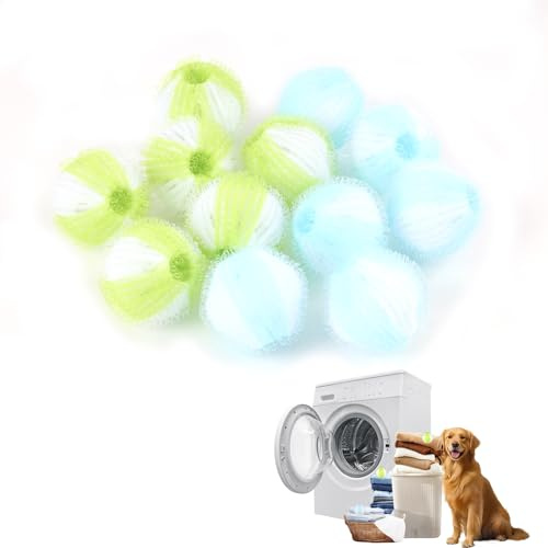 12 PCS Two-Tone Pet Hair Remover for Washing Machine, Reusable Laundry Hair Catcher Balls (6 Bright Blue+White + 6 Mustard Green+White), Dog Cat Fur Lint Dissolver for Clothes Bedding