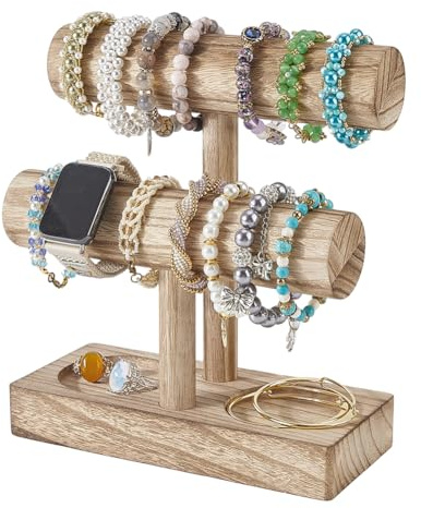 PH PandaHall 2 Stöckiger Armbandhalter Aus Holz Rustikaler T Förmiger Schmuckständer Turm Für Armreifen Uhren Haargummis Zur Aufbewahrung von Armbändern Und Armbändern Heim Boutique Verkaufsstände