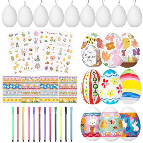 LIHAO Ostereier zum Bemalen 12er Set – Weiße Plastikeier zum Aufhängen mit 12 Stiften, 10 Stickern & 16 Schrumpffolien – DIY Bastelset für Ostern, Kinder Bastelmaterial, Aufhängen Osterdeko