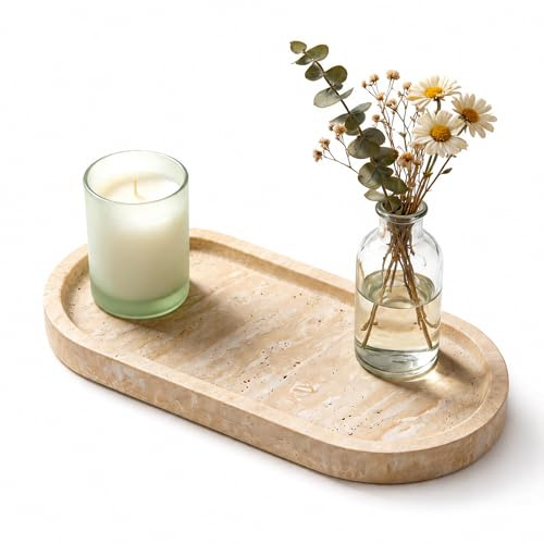 WORHE Marmor-Ablagefach,30 x 12,7 cm,aus italienischem Natur-Travertinstein | Dekoratives Tablett für Schmuck,Kerzen,Parfüm,Aufbewahrungsorganizer für Badezimmer, Kommode,Küche,Wohnkultur,Beige(WH033)