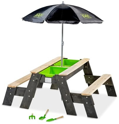 EXIT Toys Aksent Picknicktisch, Sandtisch & Wassertisch aus Holz - Multifunktionaler Spieltisch für Kinder - 2 Bänke, Sonnenschirm, Gartengeräte, Eimer & Deckel - 100% FSC Zedernholz - 120x94x50cm