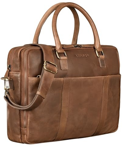 STILORD Drake Businesstasche Leder Groß Vintage Aktentasche XL Ledertasche Laptoptasche für Arbeit Büro Umhängetasche Aufsteckbar Echtleder Farbe:Mocca - Dunkelbraun
